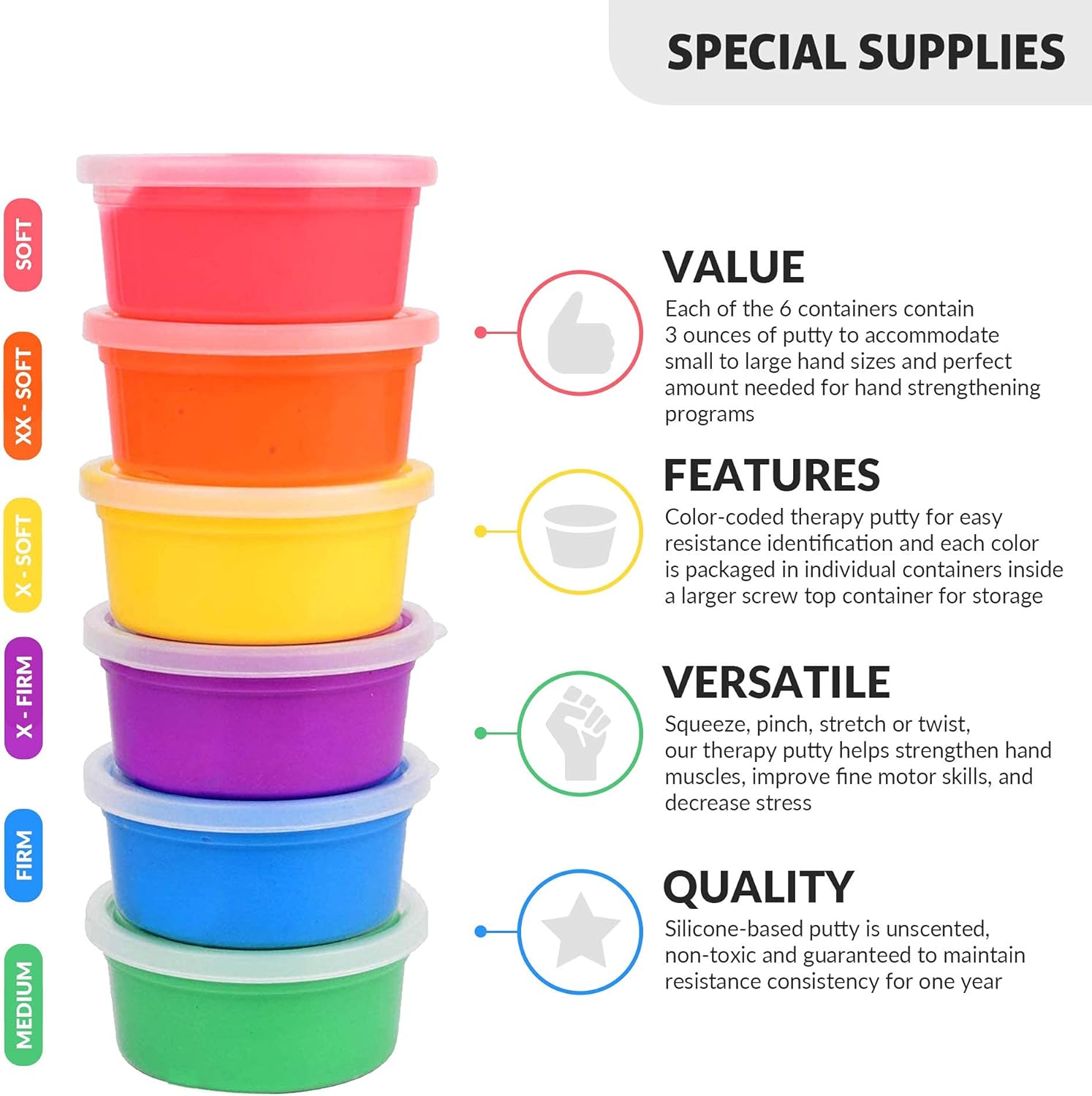 Special Supplies Therapy Putty for Kids and Adults - Resistive Hand Exercise Stress Relief Therapy Putty Kit, Set of 6 Strengths, 3 Ounces of Each Putty : Health & Household