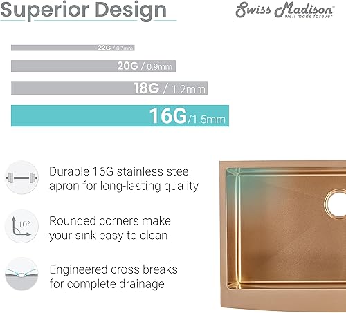 Miniatura 4 de Swiss Madison Well Made Forever SM-KS758RG - Fregadero de cocina de granja, color oro rosa