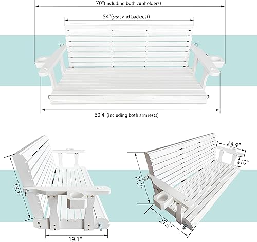 Miniatura 31 de Columpio de madera para porche de 2 plazas, respaldo alto y asiento profundo, columpio de banco con portavasos, cadenas colgantes y resortes