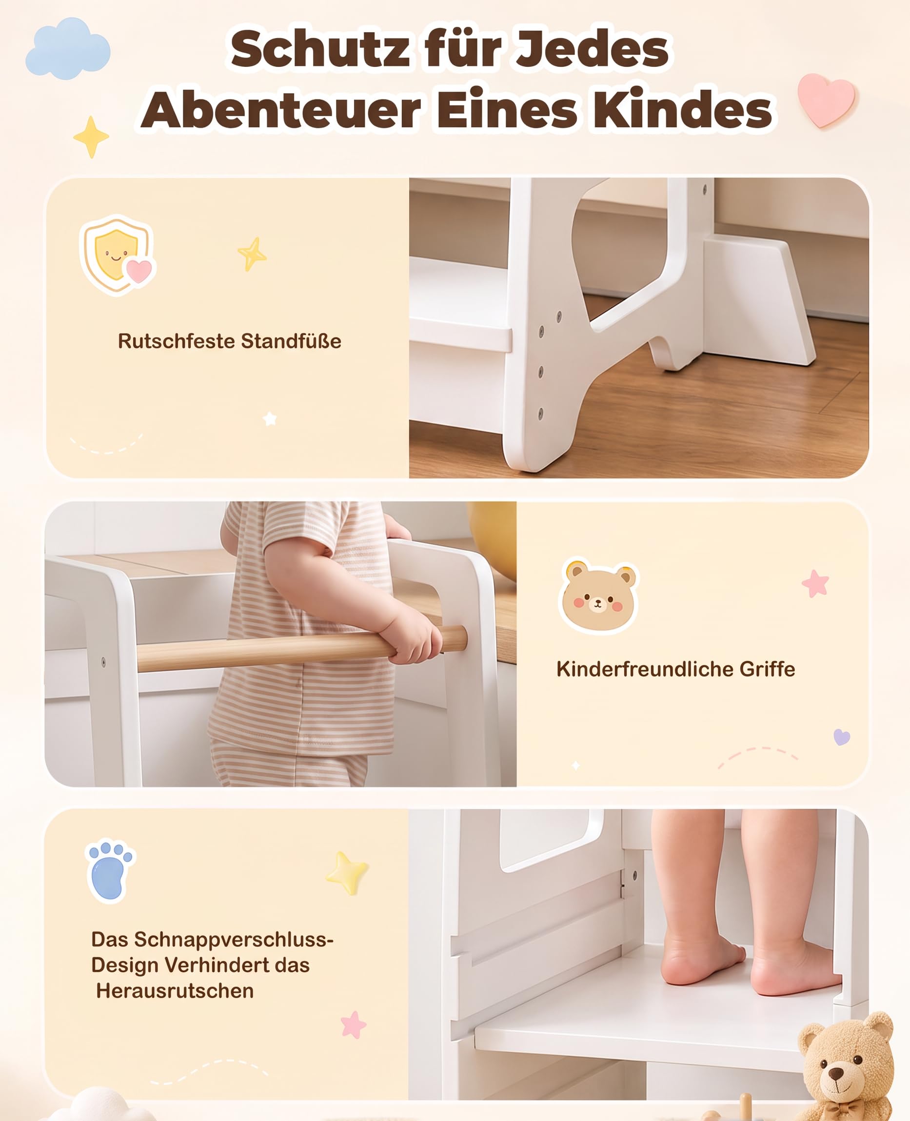 Lernturm ab 1 Jahr Höhenverstellbar, 3‑Fach höhenverstellbar Montessori Learning Tower, Massivholz Küchenhelfer mit Kippschutz, bis 50kg belastbar für Küche Bad Kinderzimmer (Weiß)