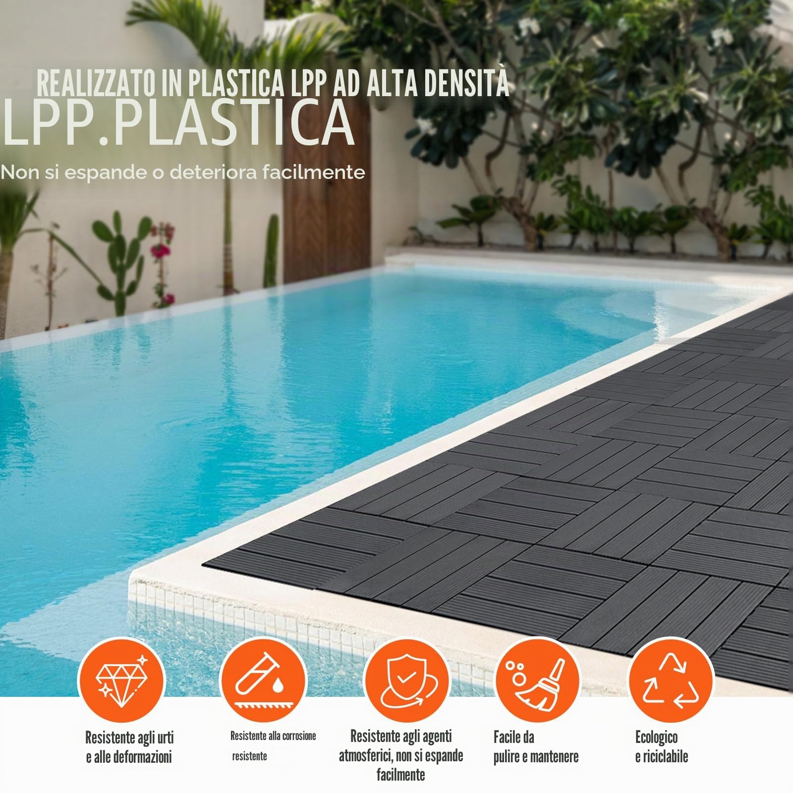VEVOR Piastrelle per Patio ad Incastro 36 Pezzi 300 x 300 x 20 mm, Piastrelle Impermeabile in Plastica, Piastrelle per Tutte Le Condizioni Atmosferiche, per Portico Piscina Cortile, Grigio Scuro