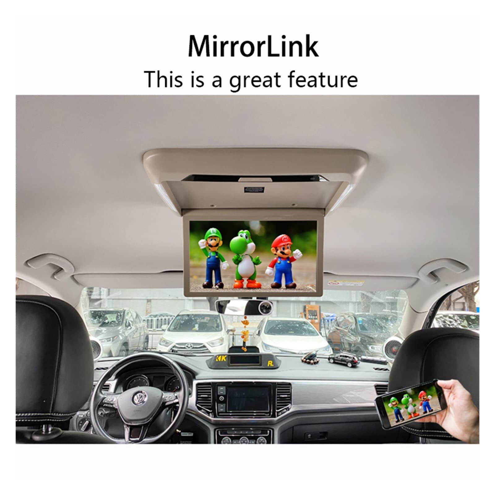 Écran TV d'appuie-tête, Lecteurs vidéo de voiture 13,3 pouces HD écran LCD moniteur montage sur le toit affichage rabattable Auto plafond TV FM IR lien haut-parleur(Gray MirrorLink)