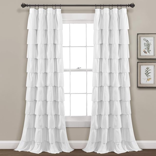 Lush Decor, White Ruffle Window Curtain-Shabby Chic Farmhouse Style Panel for Living, Dining Room, Bedroom (Single), 84 x 50 L