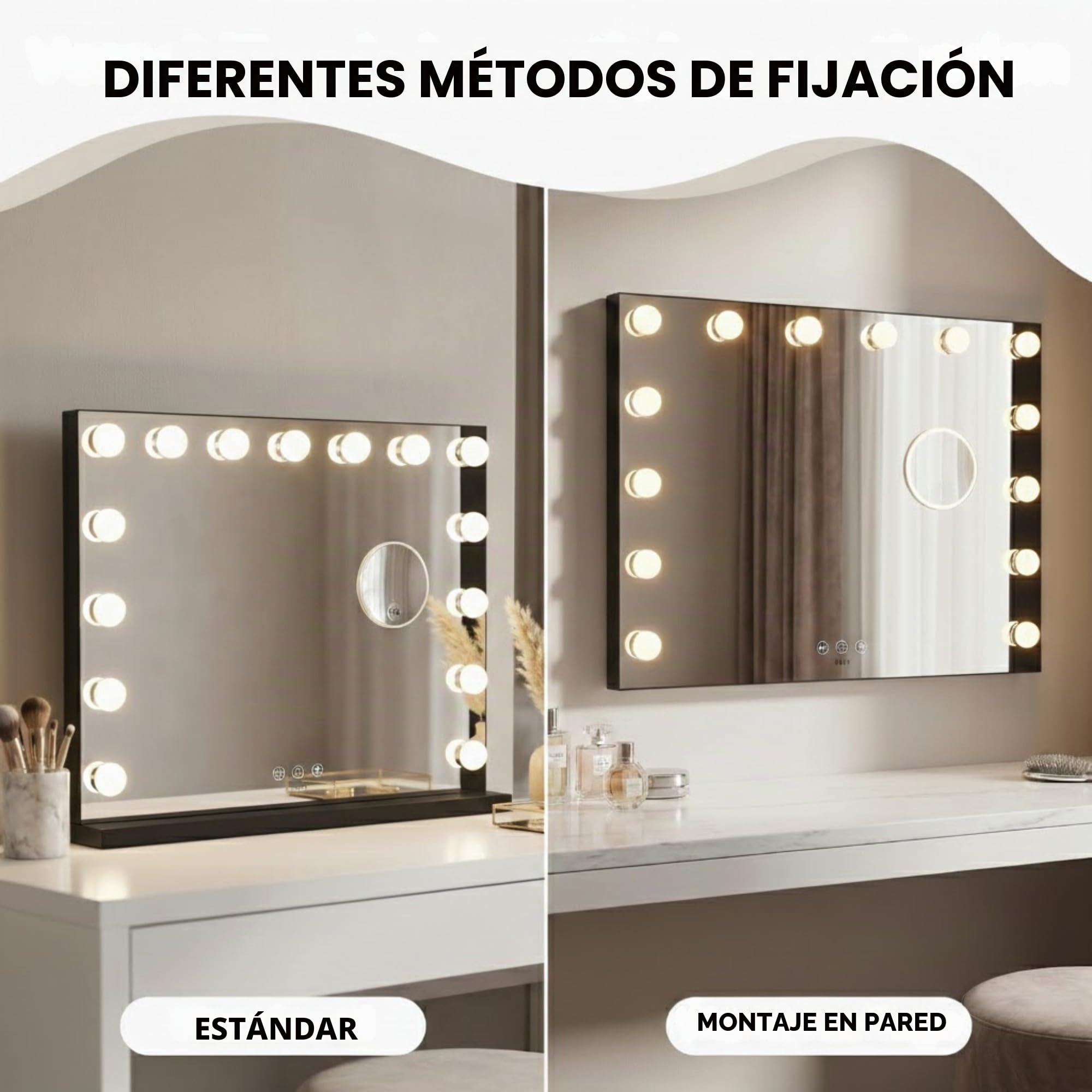 Bayt Hollywood Espejo 58 x 46 cm, Espejo Maquillaje con 15 Luces, Espejo de Aumento 10x, Regulable, Ampliación, Negro