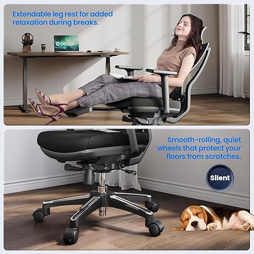 Miniatura 7 de Silla de oficina ergonómica con reposapiés, reposacabezas ajustable y reposabrazos 3D, cojín de espuma viscoelástica para largas horas, cómodo