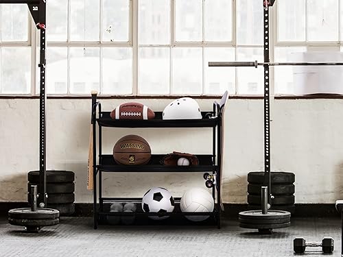 Miniatura 6 de StorageWorks Organizador de equipos deportivos de garaje, estante de bolas de 3 estantes para baloncesto, almacenamiento de juguetes de garaje