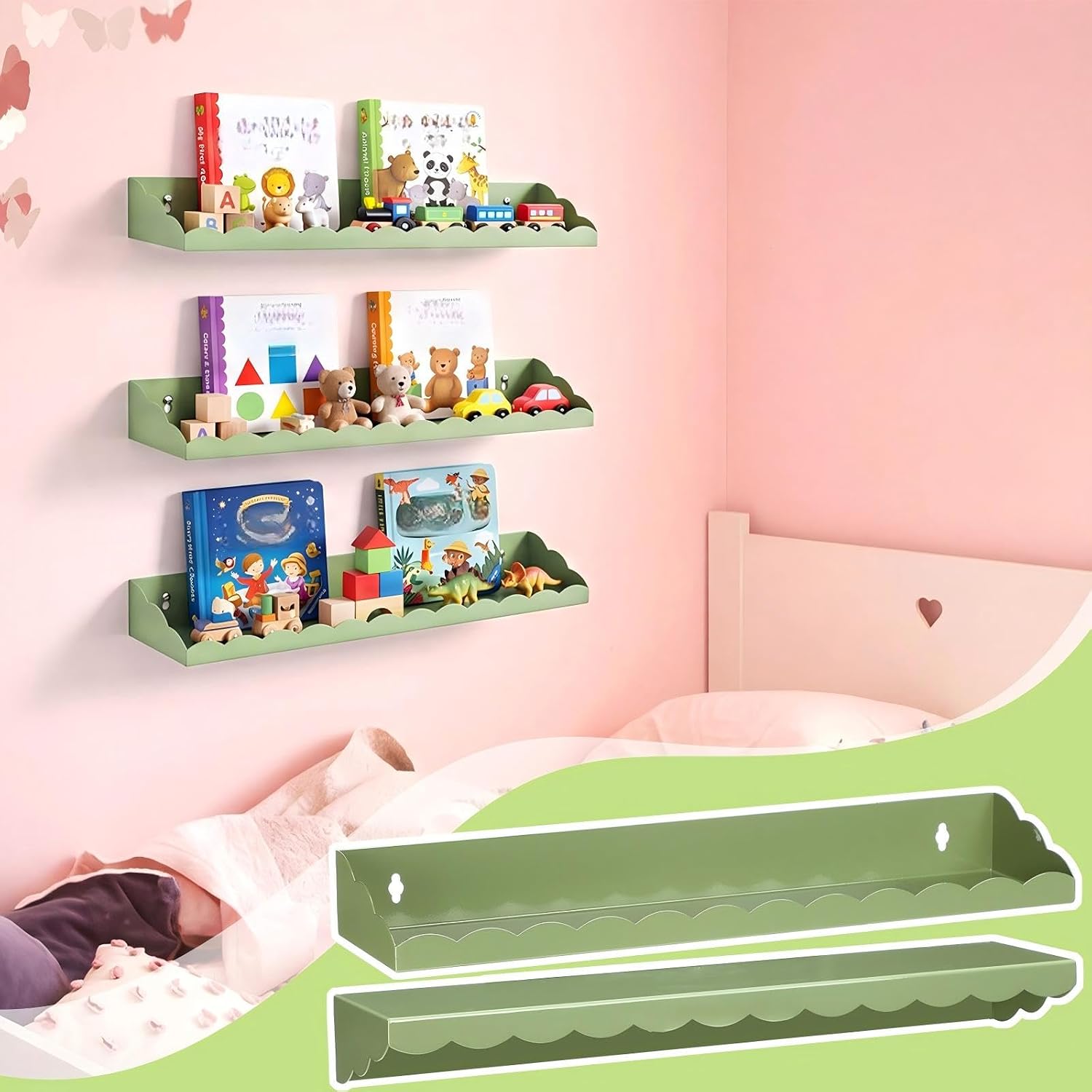 4 Pack Green Scalloped Nursery Book Shelves for Wall 17 Inch Room Floating Green Scalloped Nursery Bookshelves Wall Mounted Shelf for Room Bedroom Playroom Decor, Metal Material