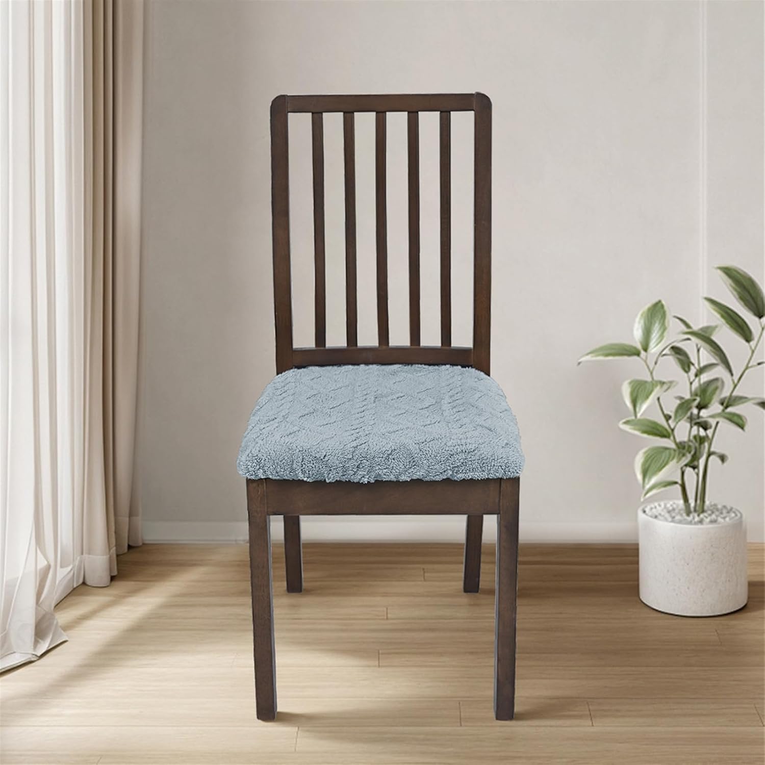 Liveinu Stretch Jacquard Seat Covers for Dining Room Chairs, Removable Washable Anti-Dust Chair Seat Protector Slipcovers, No Rear Covers, Grey Blue, Set of 6