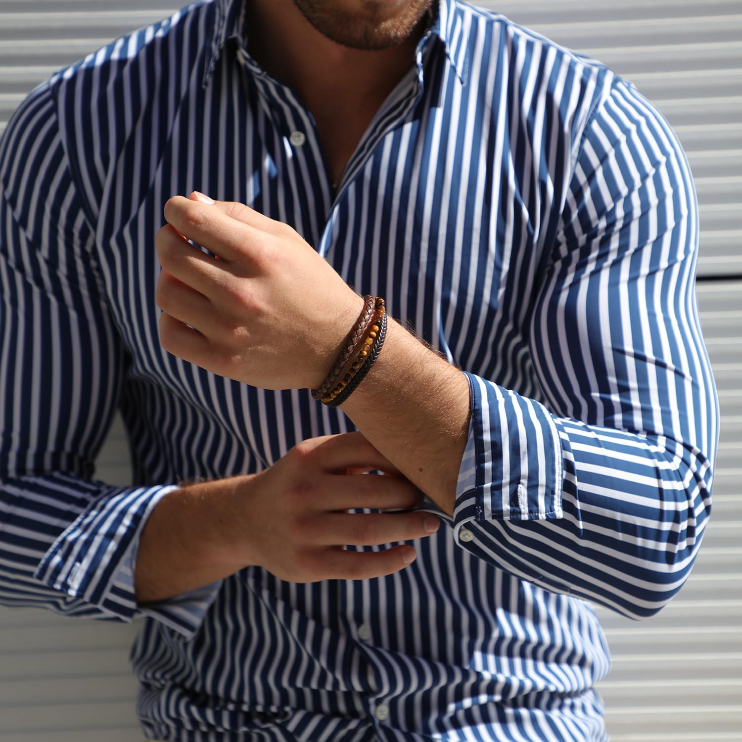 RTZN® Brown Leather Bracelet for Men – Premium Artisan Handcrafted Mens Leather Bracelet – Multi-Stand Mens Bracelet Leather Collection | Beaded Tiger Eye, Silver Chain, and Braided Brown Leather - Image 9