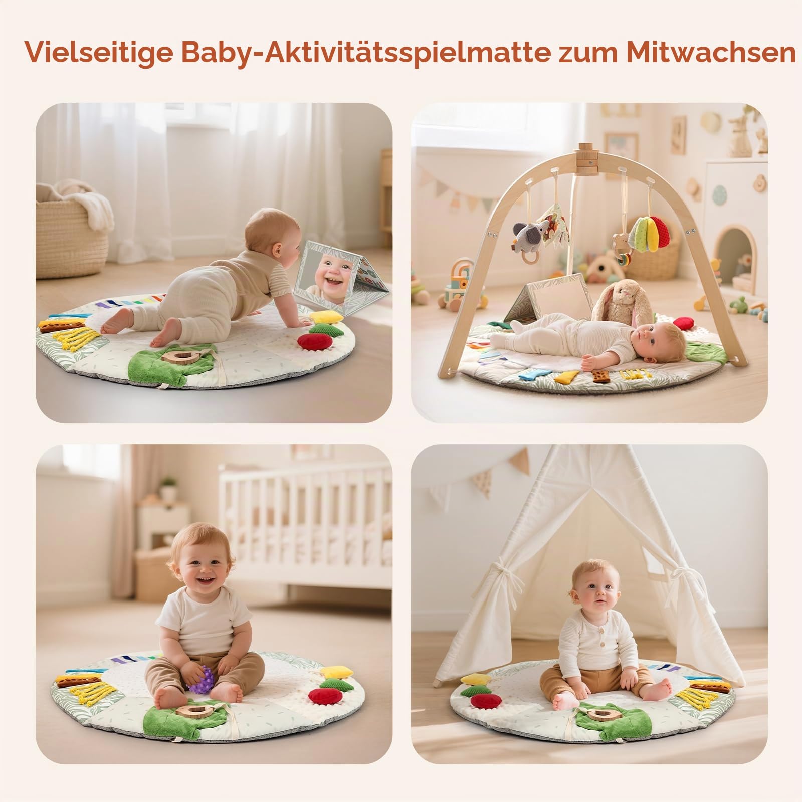 OESSUF Baby Krabbeldecke Rund 85cm – 5 Sinneszonen für Sensorik Motorik | Baby Spielmatte für Spielebogen, Weich Rutschfest | Babydecke für Neugeborene ab 0 Monate Jungen Mädchen | Geschenk zur Geburt