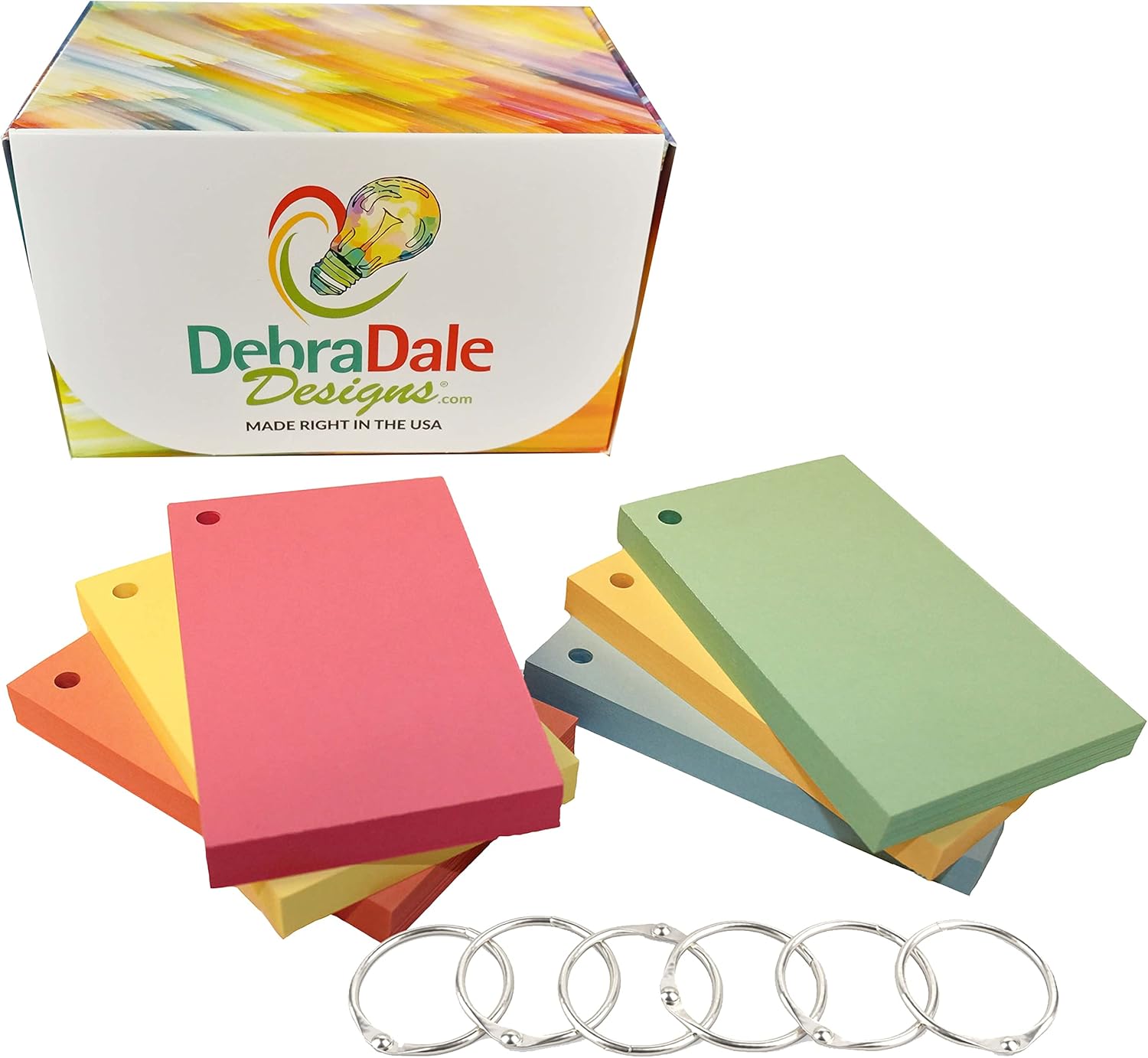 Debra Dale Designs - Made right in the USA - 3 x 5 Boxed Index Cards - Hole Punched with Rings - Standard 110# Index Card Stock - 300 Cards - 6 Colors - Great for notes
