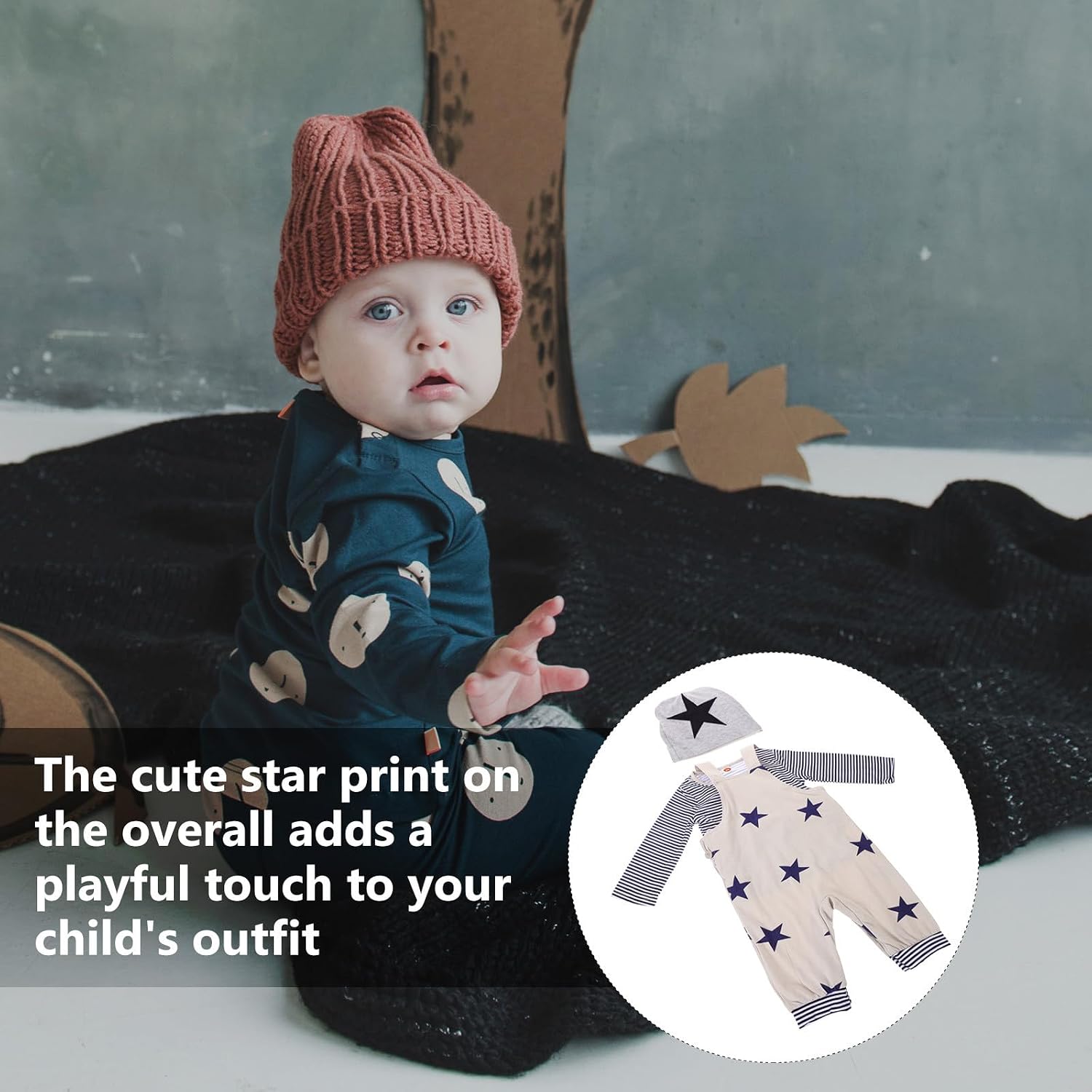 Boy Clothing Set Long-sleeved Shirt Star Print Suspender Pants Hat Spring Outfit Boy Clothes for 90cm