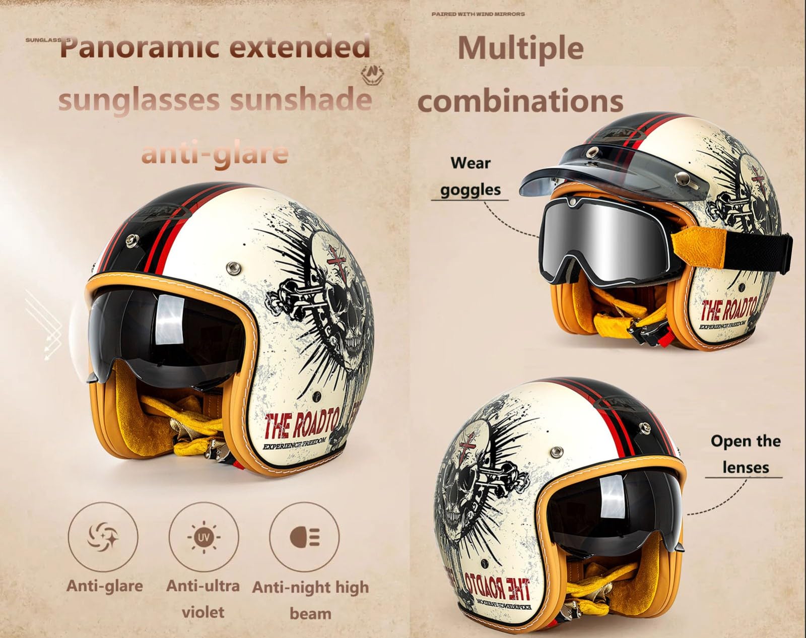 Casco Jet Moto Caschi Motorino Vintage, Scooter Moto Casco, Caschi Cromwell Moto Omologato DOT/ECE Casco Per Adulti Per Moto Chopper Scooter Motorino Per Adulti Uomini Donne