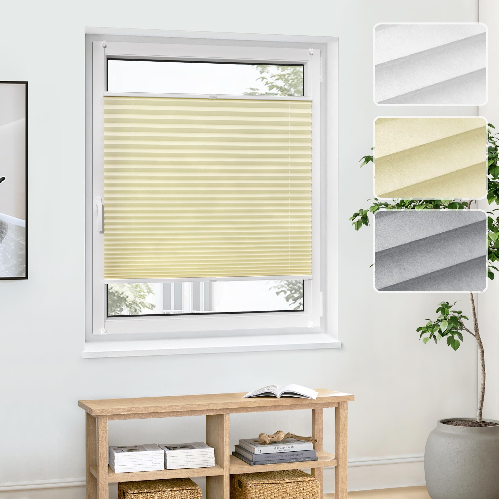 Jalousiescout Plissee Klemmfix ohne Bohren—Jalousie 122.5x100cm Creme Sichtschutz Fenster Sonnenschutz, Lichtdurchlässig Faltrollo für Fenster & Tür, Basis-Vliesstoff Pure Plissee