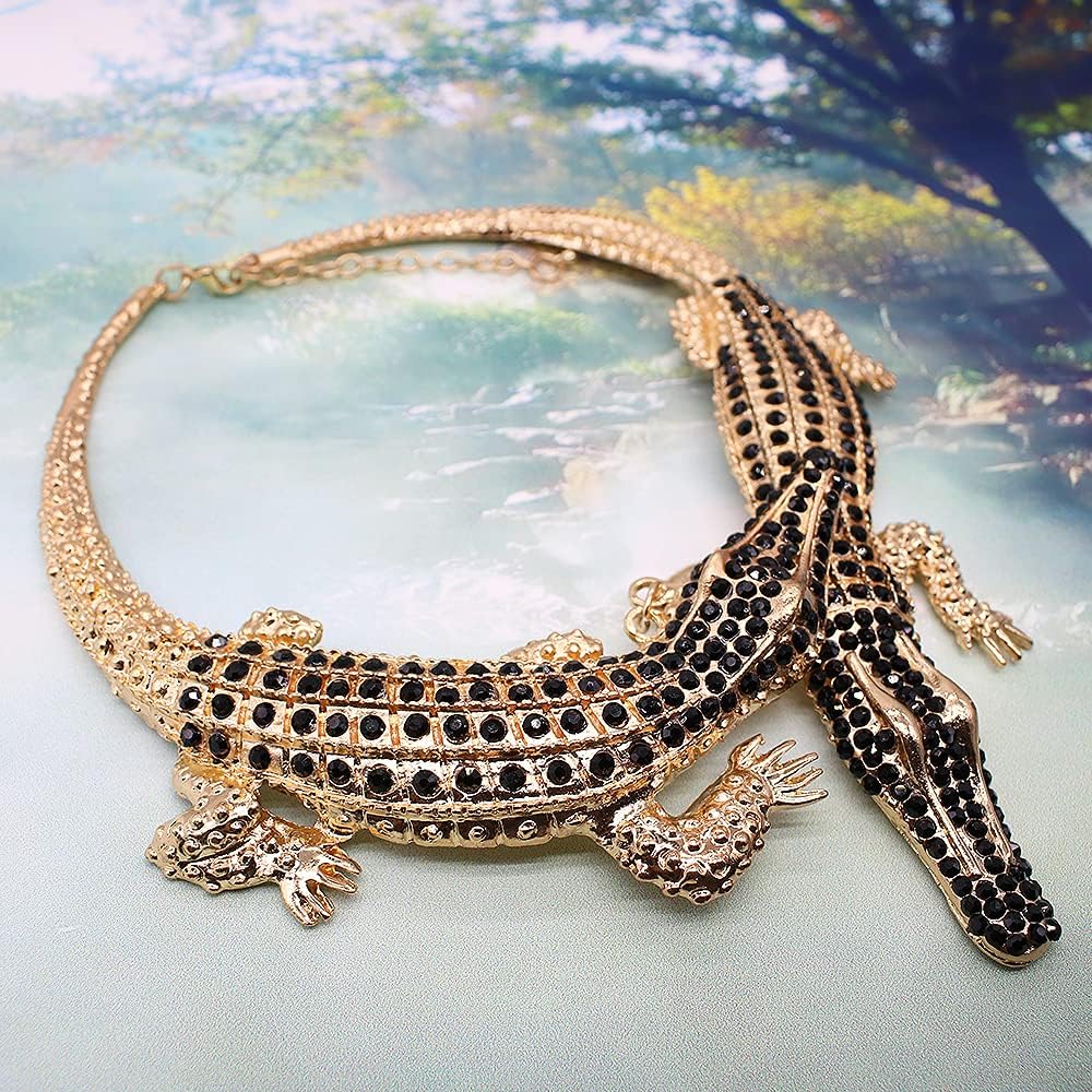 Retro Ethnic Crystal Double Gator Chunky Bib Collar Choker Necklace Gothic Stylish Exaggerated Fashion Animal Statement Necklace Jewelry For Women Gift
