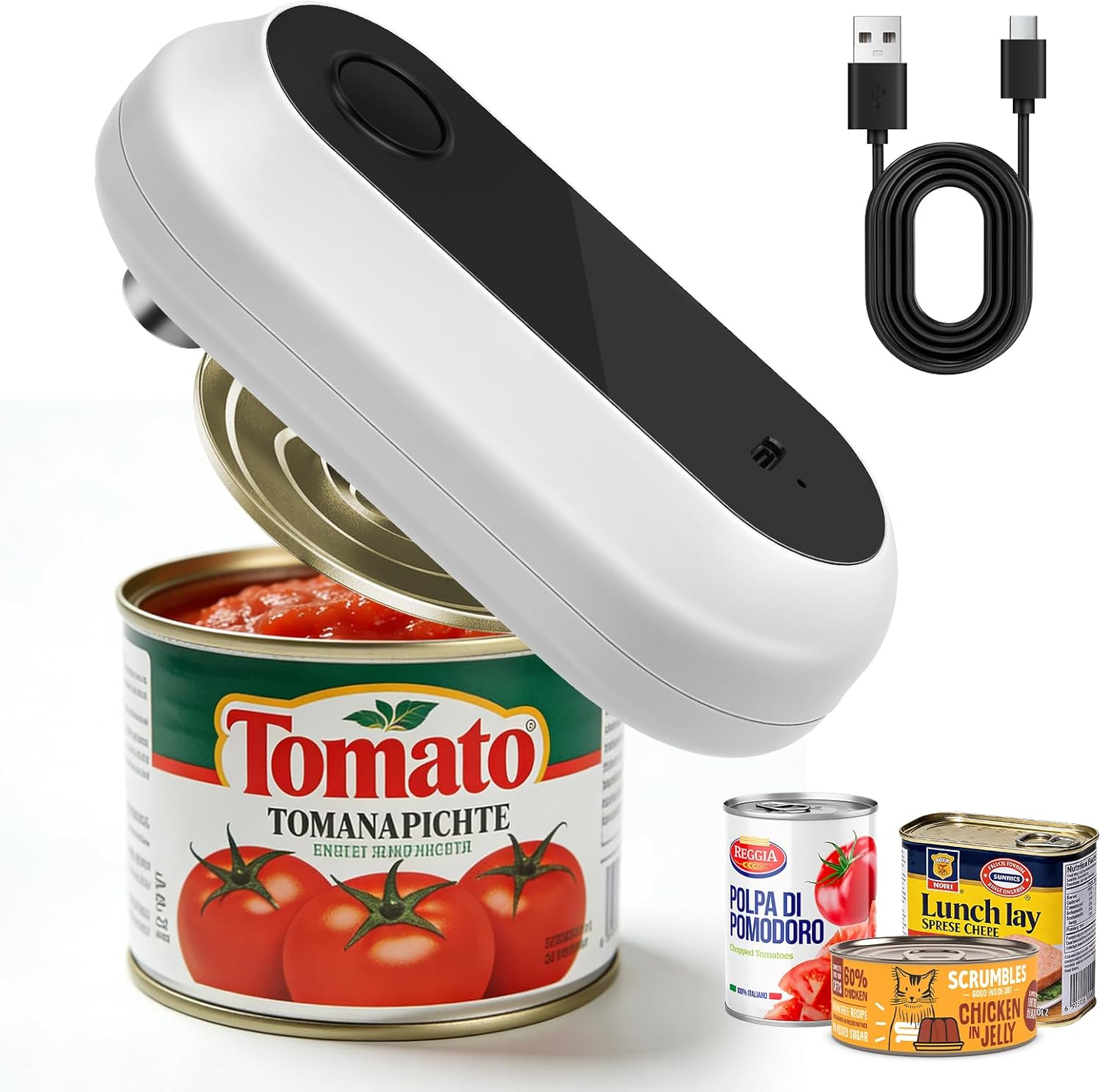 Electric Can Opener,Rechargeable One Touch Side Cut Opener for Seniors Fits Almost All Can Sizes,Smooth Edge, Handfree, Wall Mounted Small Size(White)