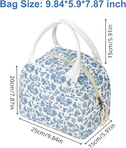 Miniatura 4 de Lonchera para Mujer, Lonchera Aislada Reutilizable, Bolsas Tote Florales de Cordobés para Mujer, para Oficina, Trabajo, Viaje, Picnic Flores azules