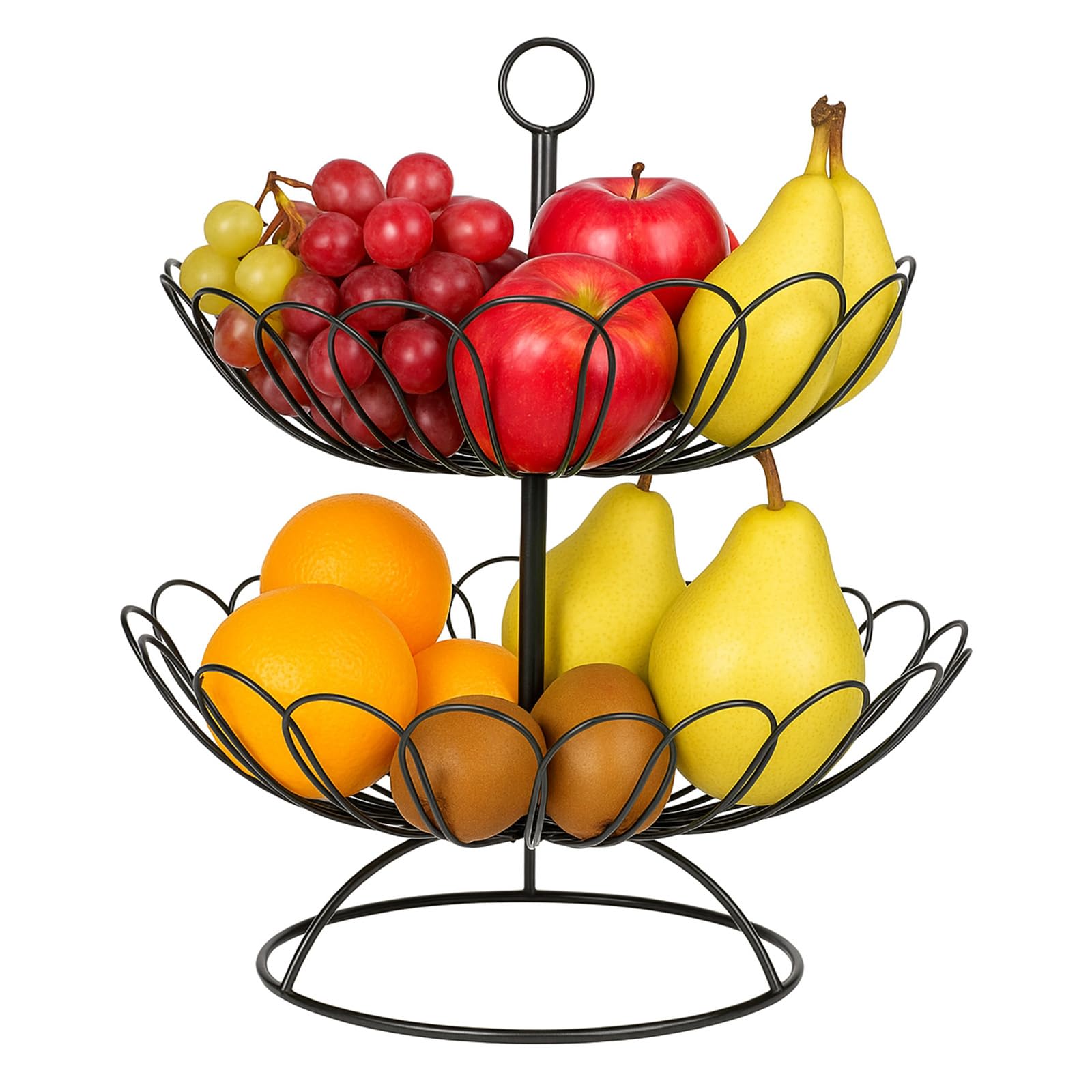 GREENSAPPIRE 2‑Tier Large Metal Fruit Bowl, Hollowed-Out Drainage Design, Black Fruit Basket Stand for Kitchen Countertop, Dining Table, Vegetables Storage Holder