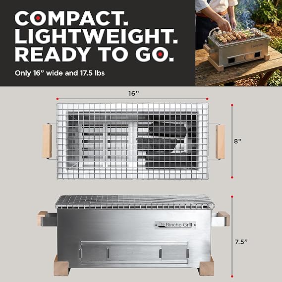 The Bincho Grill 16 Mini Yakitori Grill Stainless Steel Mini Tabletop Charcoal BBQ with Charcoal Box, Optimized Airflow & Cool-Touch Base - Perfect for Japanese Grilling, Skewers, Meat, Seafood