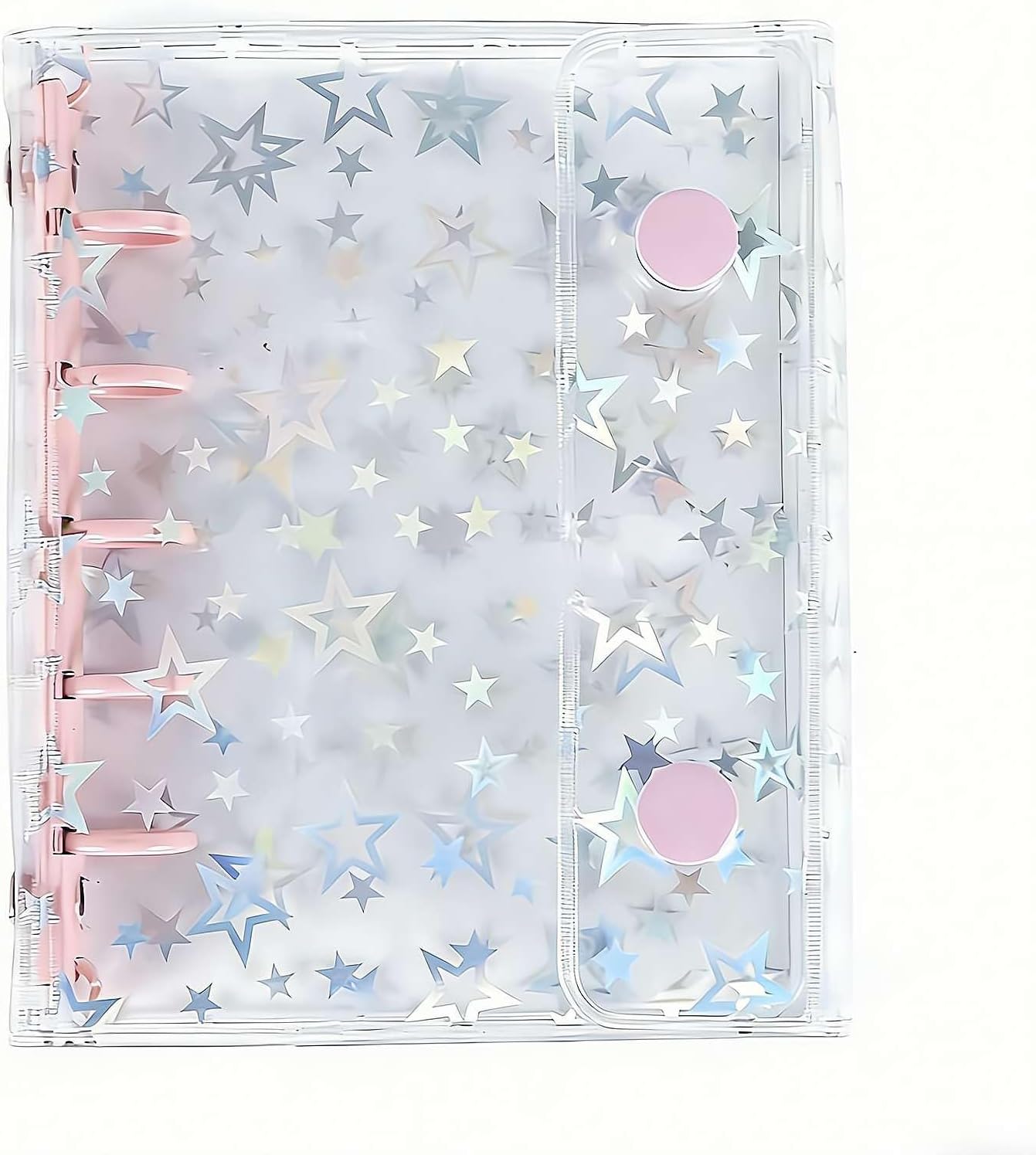 A6/A7/A8 Budget Binder with Clear PVC Cover, 5 Rings Refillable Notebook Shell, Glitter Star Design, 2 Snap Buttons Closure, Cash Envelopes System Organizer, Planner Folder for Journal Albums (Pink)