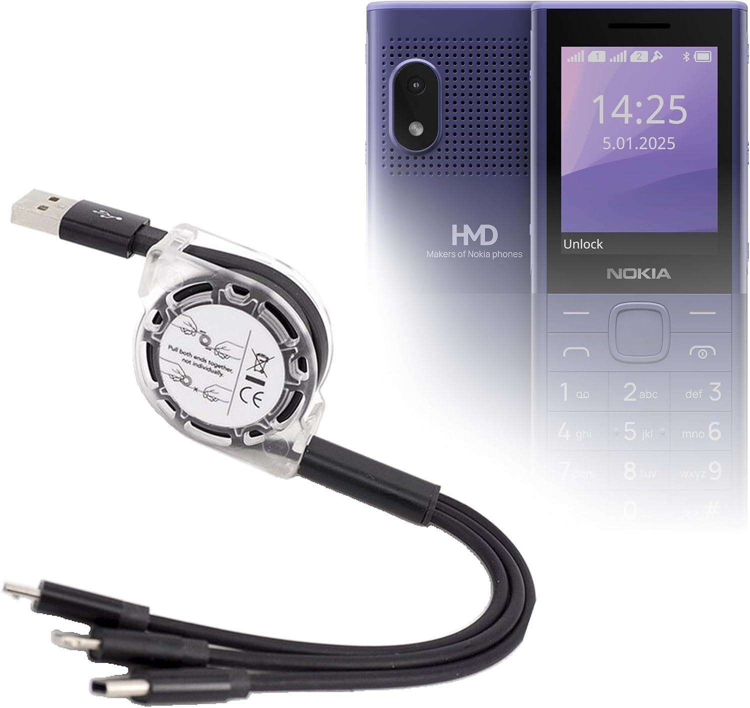 BoxWave Cable Compatible with Nokia 150 Music - AllCharge miniSync, Retractable, Portable USB Cable - Jet Black