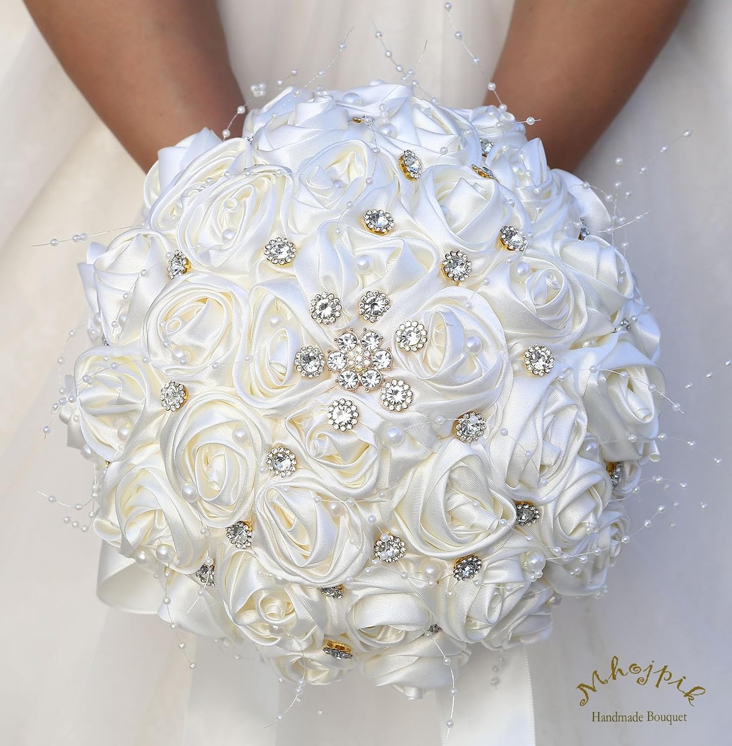Bridal Wedding Bouquet Round Bling Brooch Bouquet Throw Toss Artificial Rose Flower Bunch for Bride Bridesmaid Wedding Quinceanera(Ivory, 7.5") - Image 2