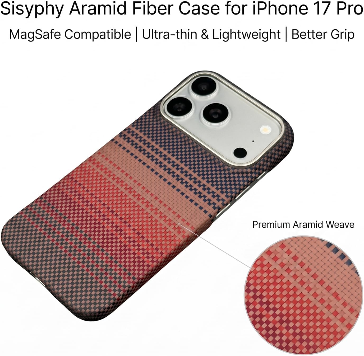 Sisyphy Super Slim Case for iPhone 17 Pro Compatible with MagSafe, Aramid Fiber Cover with Carbon Fiber Texture, Ultra Thin & Lightweight, Better Grip Without Bulk (Orange)