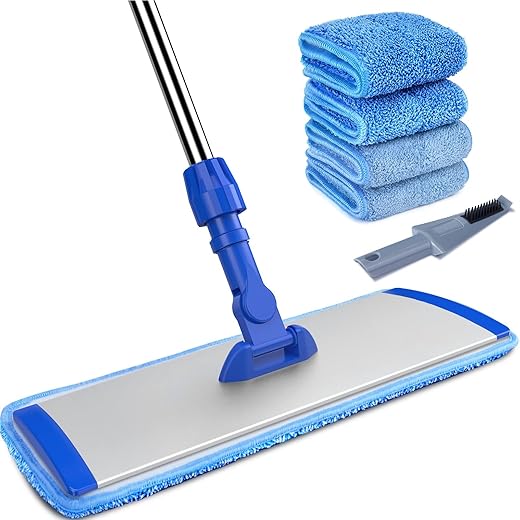 Bonpally Microfiber Mop for Floor Cleaning, 18" Flat Mop for Hardwood Floors, Laminate Floor Mop for Cleaning with Extendable Handle, 4 Reusable Mop Pads, Wet and Dust Mops for Floor Cleaning,Blue