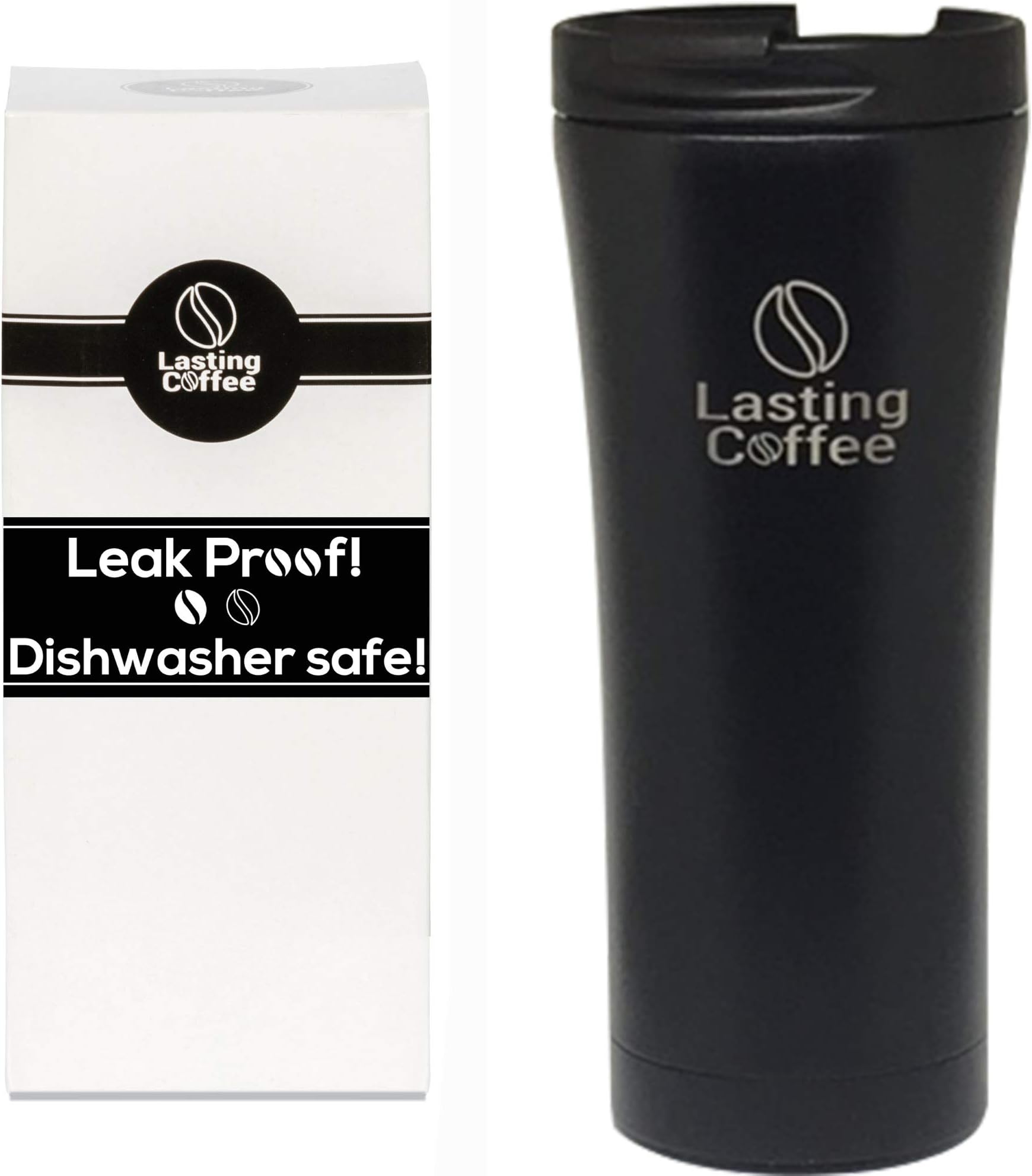 Leak Proof Dishwasher Safe Double Wall Vacuum Insulated Stainless Steel Travel Mug, 16 oz (Black)