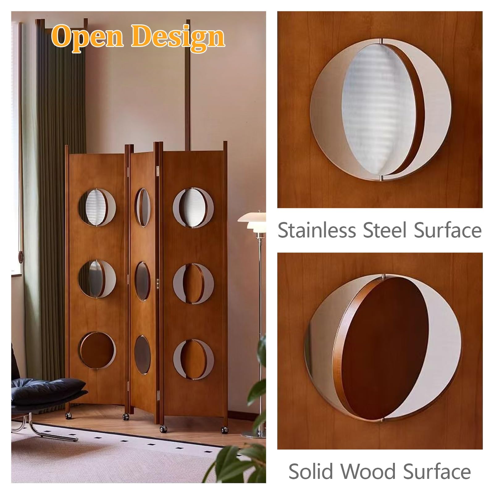 Biombo Madera 3 Paneles, Separador De Ambientes Plegable con Cortes Circulares, Room Divider Portátil con Ruedas para Dormitorio Oficina, Decoración Moderna(White)