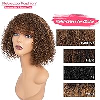Vista 6 de Rebecca Fashion Pelucas de cabello humano rizado rubio castaño y rubio con flequillo, 10 pulgadas, pelucas de cabello humano corto rizado con ondas