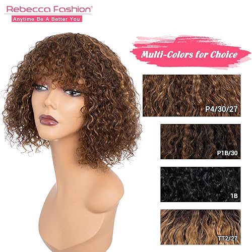 Miniatura 6 de Rebecca Fashion Pelucas de cabello humano rizado rubio castaño y rubio con flequillo, 10 pulgadas, pelucas de cabello humano corto rizado con ondas