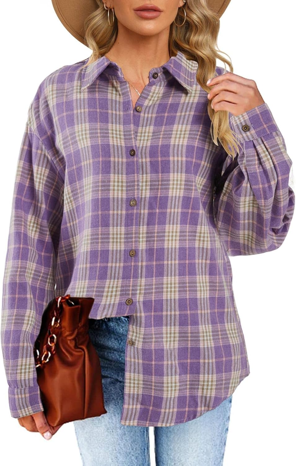 Womens Long Sleeve Plaid Shirts Flannel Collared Button Down Shackets Casual Rolled Up Boyfriend Blouses Top