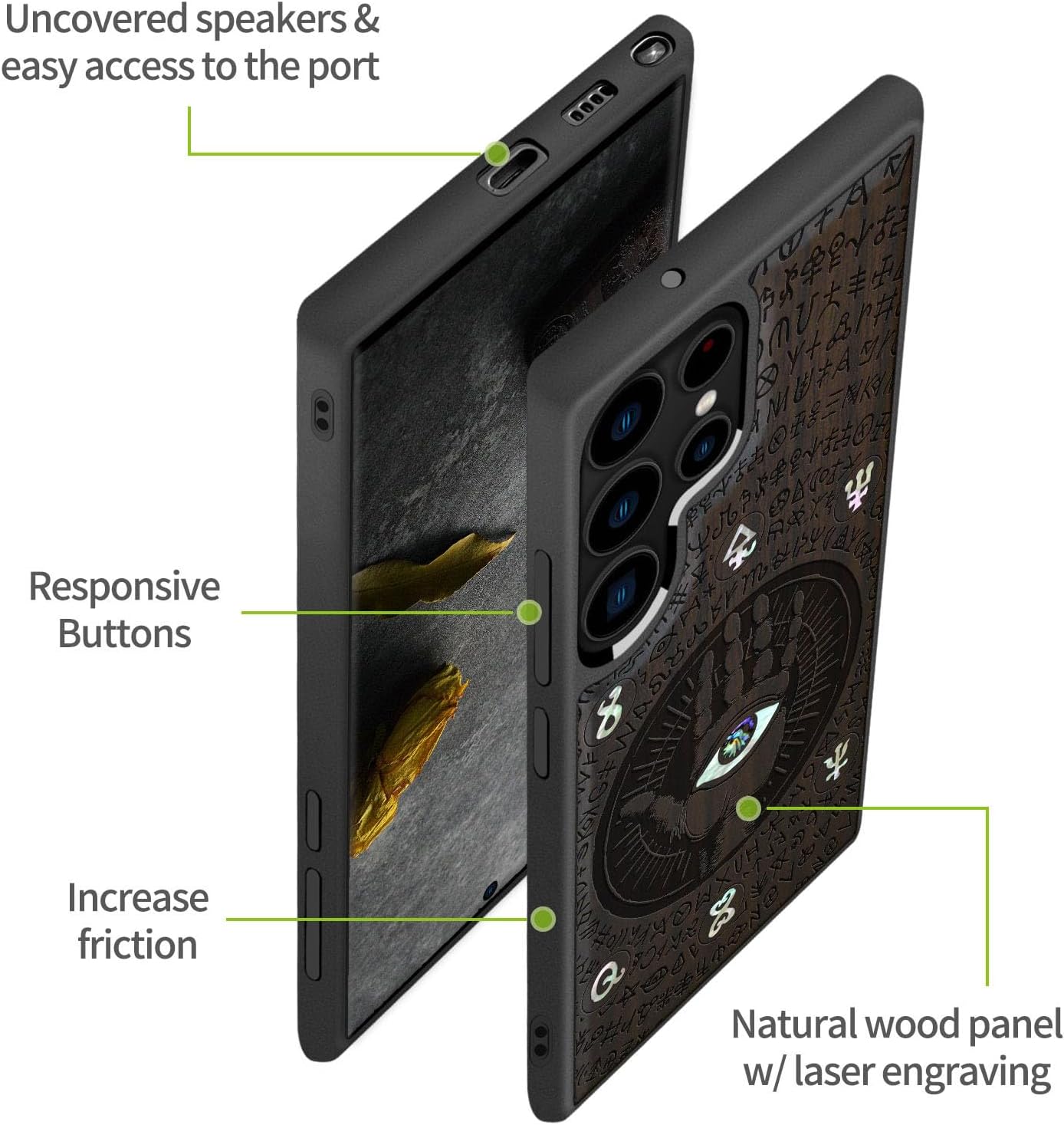 Carveit Designer Wooden Cover for Samsung Galaxy S22 Ultra Case [Wood Engraving & Shell Inlay] Compatible with Wireless Chargers S22 Ultra (All-Seeing Hand-Blackwood)