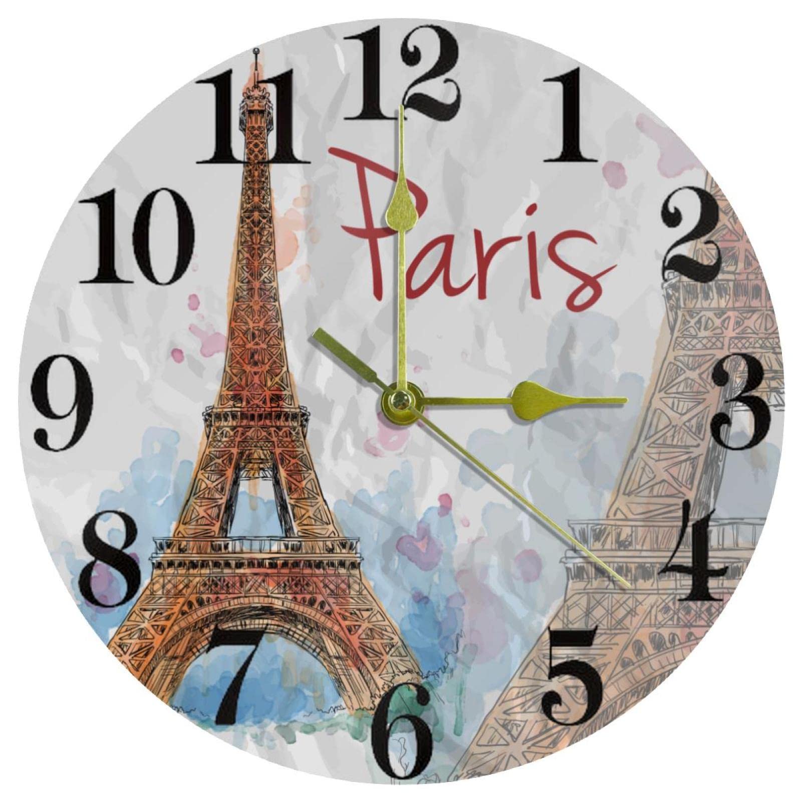 Timmershabi Multicolor Paris Eiffel Tower Wall Clock, 10 Inch Silent Non Ticking Quartz Battery Operated Round Wall Clocks For Home/Kitchen/Office/School Clock