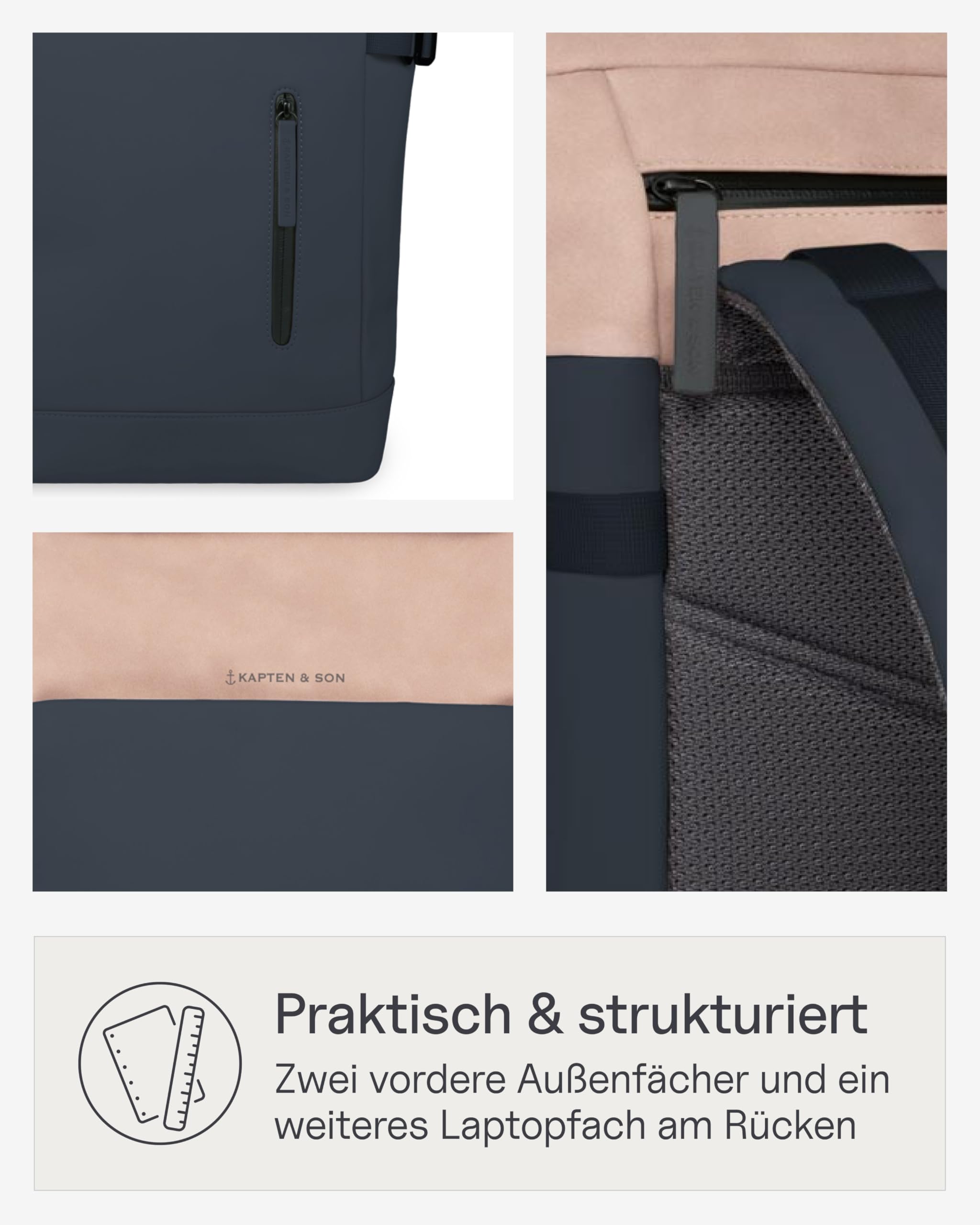 Kapten & Son Rucksack Aarhus Navy Blush 14 L | Rucksack Damen & Herren Blau | Rolltop mit 14" Laptopfach | Backpack ideal für Reisen, City, Uni, Arbeit | wasserabweisend