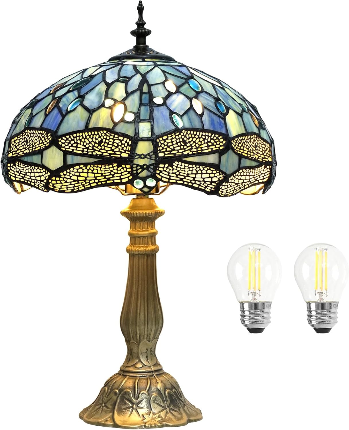 YingJu Tiffany Lamp,Blue Stained Glass Table Lamp,12X12X18 Inches Dragonfly Style Vintage Decorative Lamp for Bedroom,Living Room,Home Office (Including LED Bulbs)