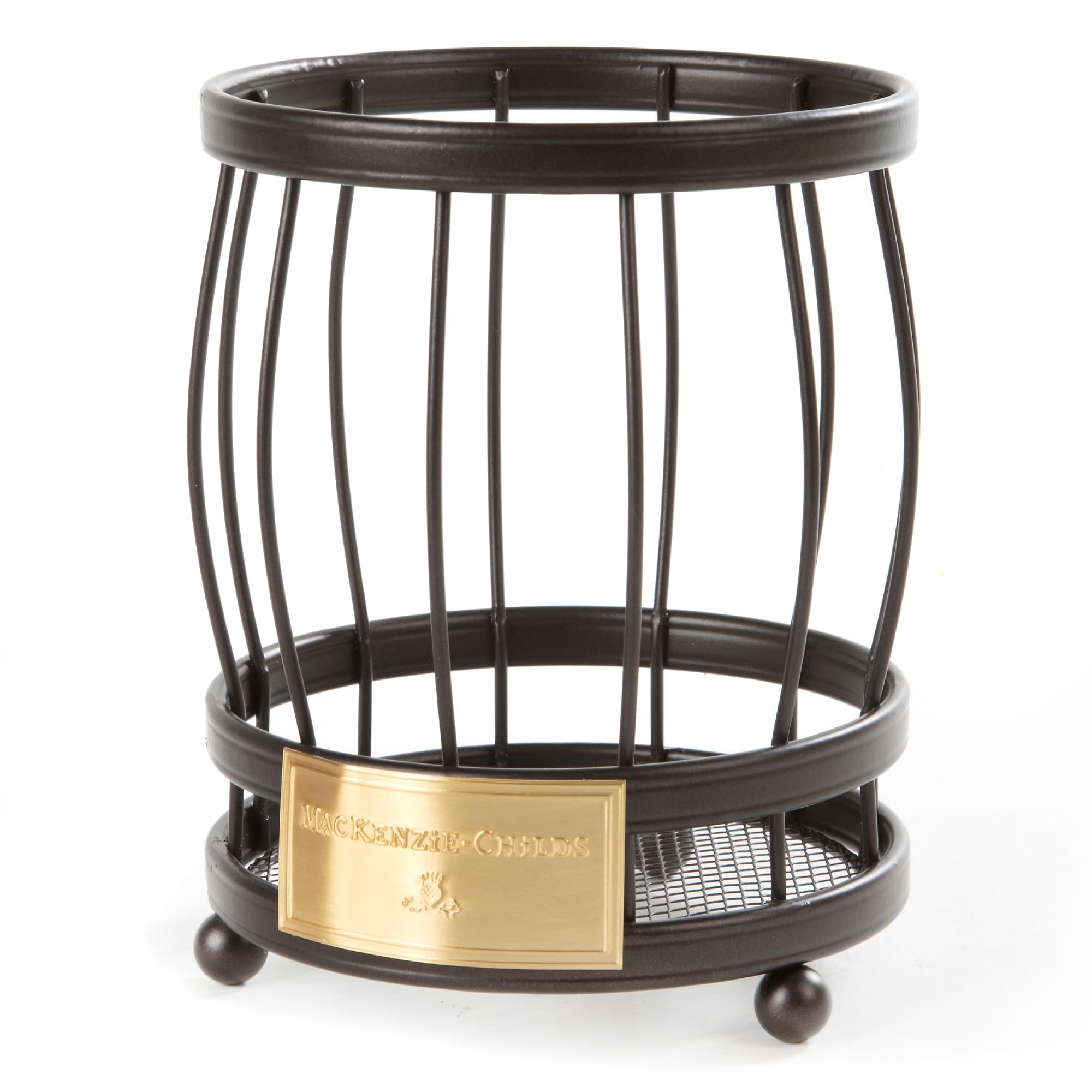 MACKENZIE-CHILDS Utensil Caddy | Sturdy cutlery organizer made from coated carbon steel with brass logo plate 6 dia. x 7 H product thumbnail 2