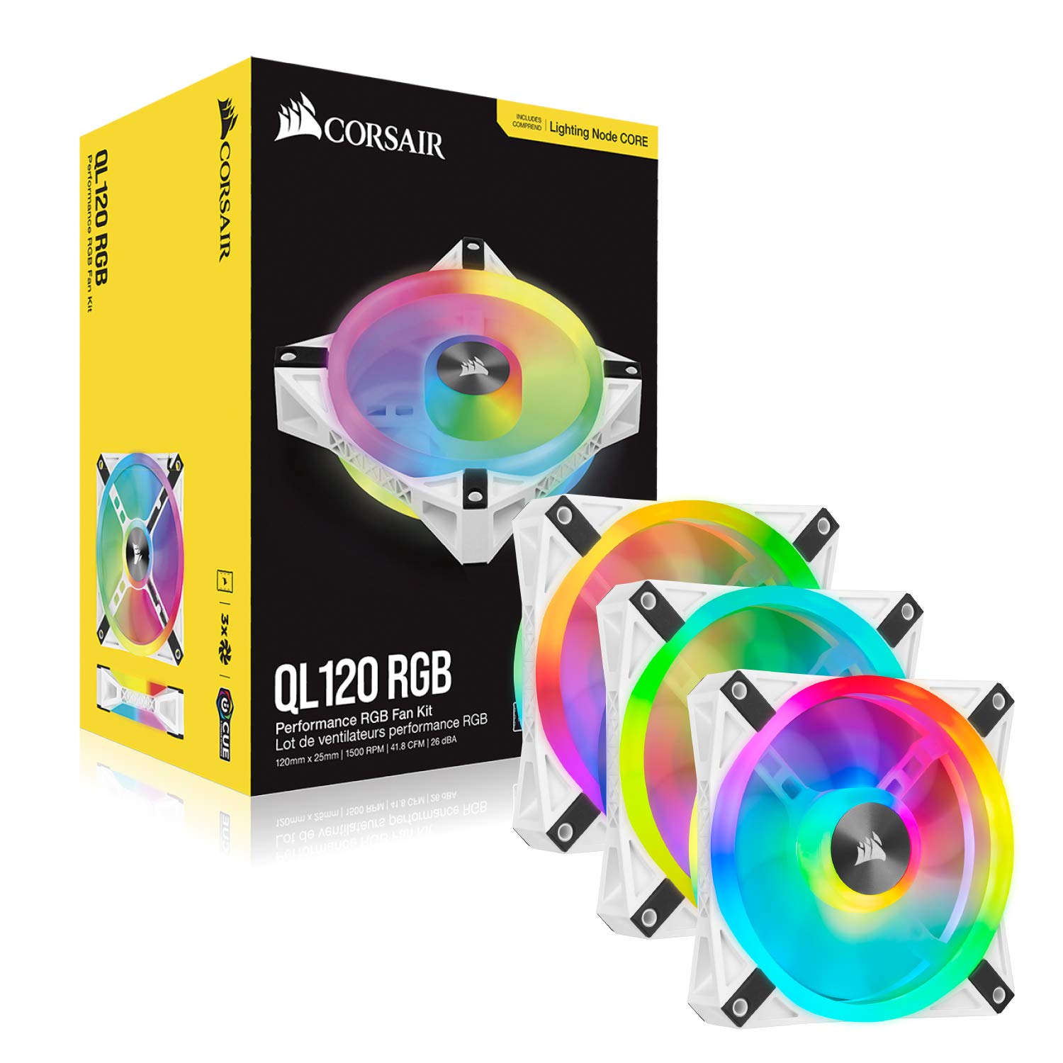 Corsair iCUE QL120 RGB, Ventilador LED RGB PWM de 120 mm (102 LED RGB Controlables Individualmente, Velocidades de Hasta 1500 rpm, Bajo Nivel de Ruido) Paquete de 3 con Lighting Node Core - Blanco