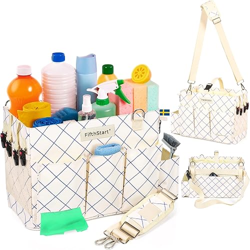 Miniatura 22 de FifthStart Organizador de limpieza multiusos con cintura, correa para el hombro, base de malla y 9 bolsillos, organizador de pañales fácil de