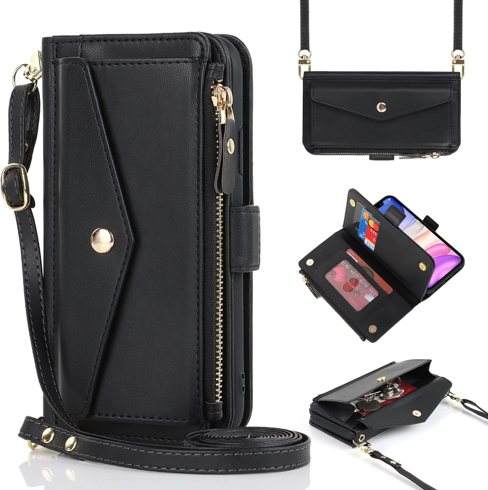 DEYHU for iPhone 11 Wallet case with Zipper Card Holders for Women,iPhone 11 Phone Cases Slots Crossbody Flip Folio Book Shockproof Cover with Credit Card Holder Men for iPhone11 case - Black