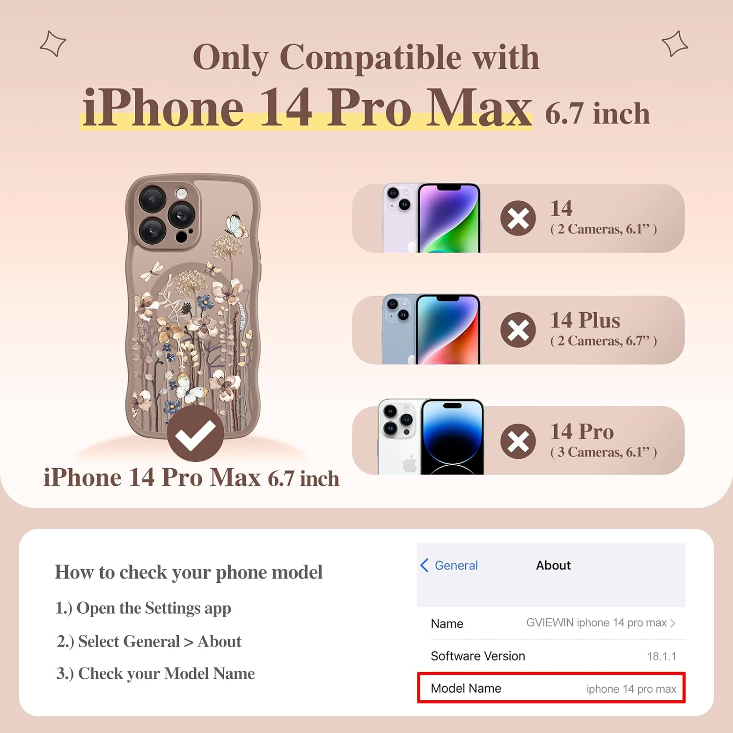 GVIEWIN for iPhone 14 Pro Max Case Compatible with MagSafe [Curly Wave Edge][Full Camera Protection] Floral Translucent Shockproof Magnetic Women Phone Case for 14 Pro Max, Autumnflit/Brown