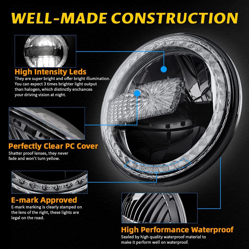AIVYNA Fari A LED Rotondi da 7 Pollici con Fari Abbaglianti Omologati DOT con DRL per Jeep Wrangler JK LJ CJ TJ 1997-2016 2 Pezzi
