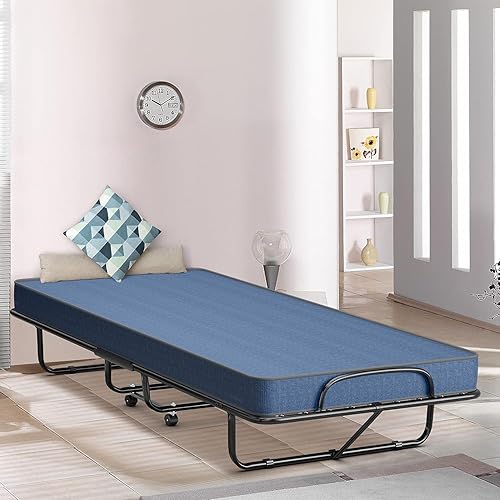 Miniatura 45 de HAPPYGRILL Cama enrollable, cama plegable con colchón de espuma viscoelástica de 5 pulgadas, marco de acero resistente, 4 ruedas universales, cama