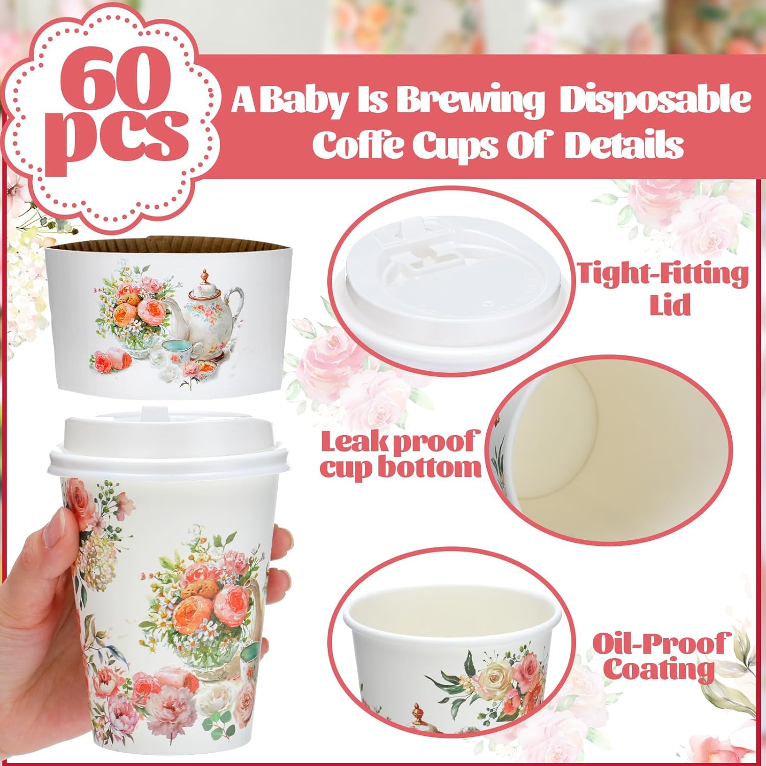 Vesici 60pcs Tea Party Decorations 14oz Disposable Coffee Cups with Lids and Sleeves Pink Floral Teapot Pattern Coffee Cups for Spring Summer Wedding Bridal Shower Garden Birthday Party Decor Supplies