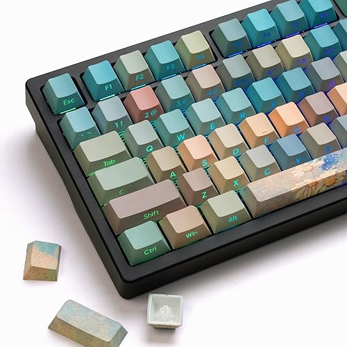 dagaladoo Shine Through - Juego de teclas PBT de doble disparo, 60, 75 por ciento, tinte, 130 teclas, impresión lateral, verdemarrón, tapas de