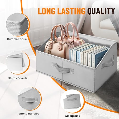 Miniatura 5 de Criusia Organizadores de Armario Contenedores Paquete de 4 - Organizador de Estante Grande Plegable con Asas - Cestas de Tela Trapezoidales para Gris