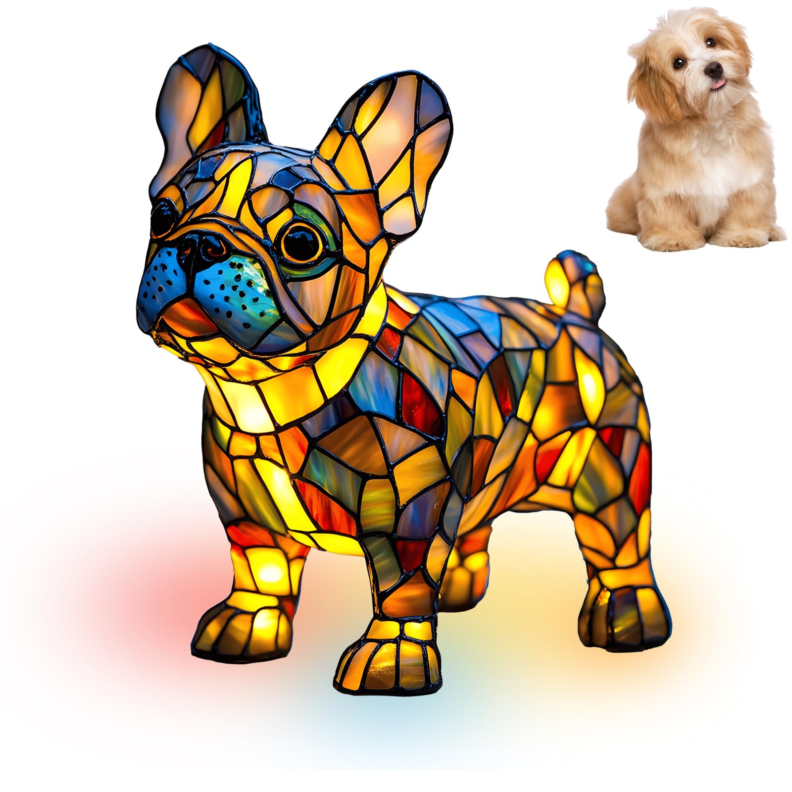 Atlodas French Bulldog Lamp, Retro Stained Resin Tabletop Night Light, Dog Series Art Night Light, Dog Lamp Stained Glass, 3D Cute Pet LED Table Lamps