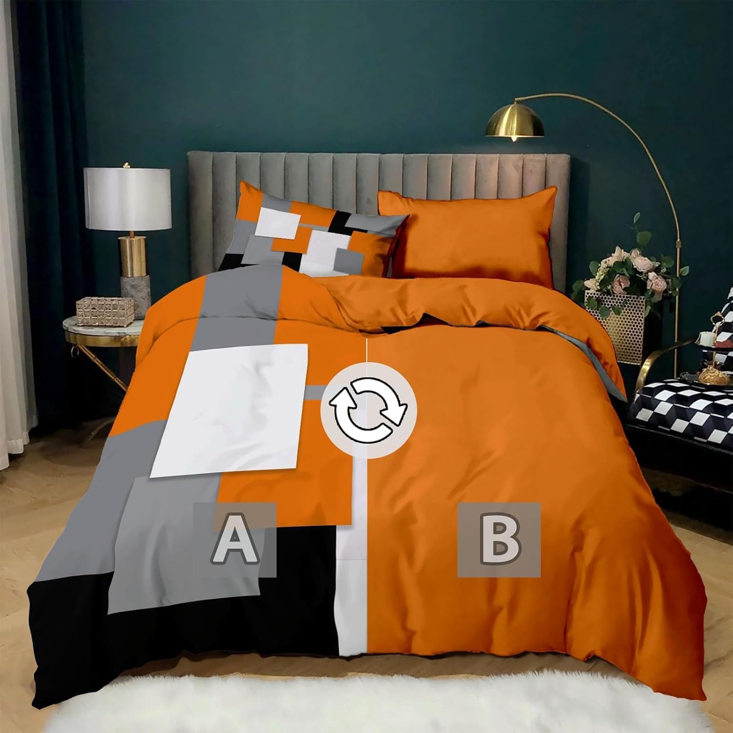 Funda Nordica Cama 135/150 Naranja - Ropa de Cama Microfibra Suave, Funda Nórdica Blanco y Negro Funda Edredon 220x240 cm y 2 Funda de Almohada 50x75 cm, 3D Funda de Edredón q2560