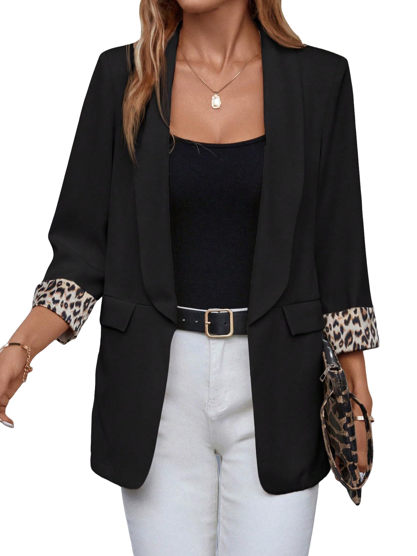 WDIRARA Women's Leopard Print Shawl Collar Open Front 3/4 Sleeve Blazer Jacket